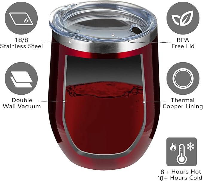 MEWAY 12oz Wine Tumbler 16 Pack Bulk Gifts for Women,Double Wall Vacuum Stainless Steel Travel Mug with Lid,Insulated Stemless Wine Cup Glass for Coffee,Cocktails,Drinks(Burgundy,Set of 16)