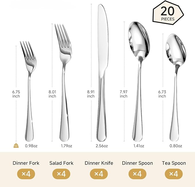 HIKAA 20-Piece Silverware Set for 4, 18/10 stainless Steel Flatware Set, Mirror Polished Cutlery Set, Dishwasher Safe Utensils for Home, Restaurant, Wedding Gift