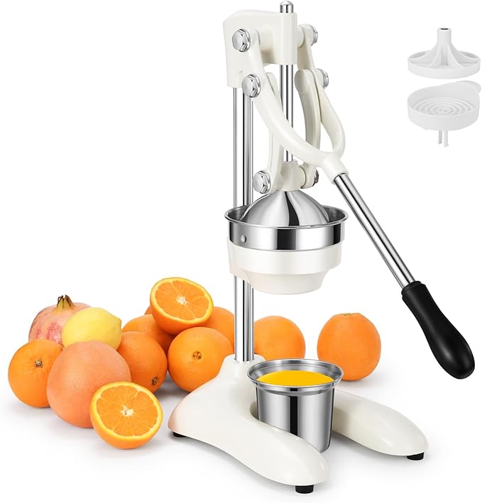 TONGCHANT Cast Iron Juicer, 19" Tall Heavy Duty Citrus Press with Dual Pattern | Manual Juicer for Orange Lemon Pomegranate, Easy to Clean, Stainless Steel Cup, White