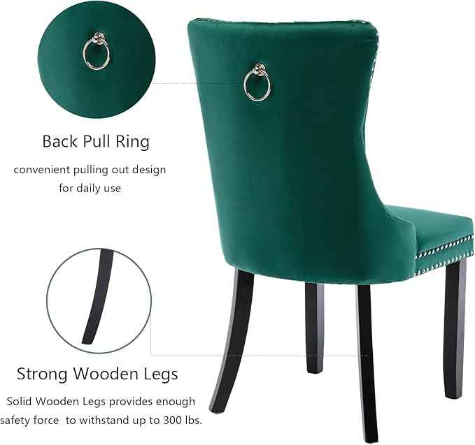Green Velvet Dining Chairs Set of 2, Upholstered Dining Room Chairs with Back Ring Pull Trim and Solid Wood Legs, Tufted Wingback Kitchen Chairs for Dining Room,Living Room,Kitchen(Green)