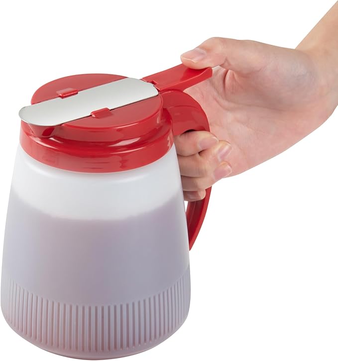 Restaurantware-Chef 101 32 Ounce All Purpose Syrup Dispenser, 1 Honey Dispenser - Red Top, Stainless Steel Slide Cover, Plastic Pancake Syrup Bottle, Perfect For Diners, Restaurants, Home