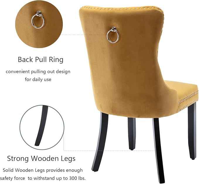 Velvet Dining Chairs Set of 4, Upholstered Dining Room Chairs with Back Ring Pull Trim and Solid Wood Legs,Tufted Wingback Kitchen Chair Perfect for Dining Room,Living Room,Kitchen(Gold)