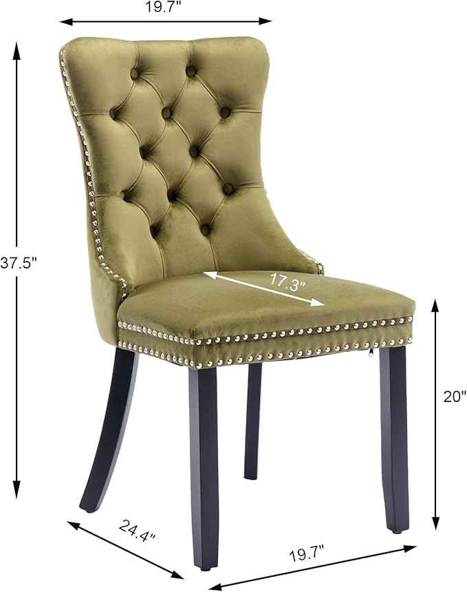 Velvet Dining Chairs Set of 4, Tufted Upholstered Wingback with Back Ring Pull Trim, Solid Wood Legs (Olive Green) for Dining, Living, Kitchen