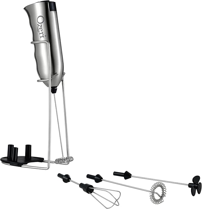 Ozeri Deluxe Milk Frother & Whisk in Stainless Steel, with Stand and 4 Frothing Attachments