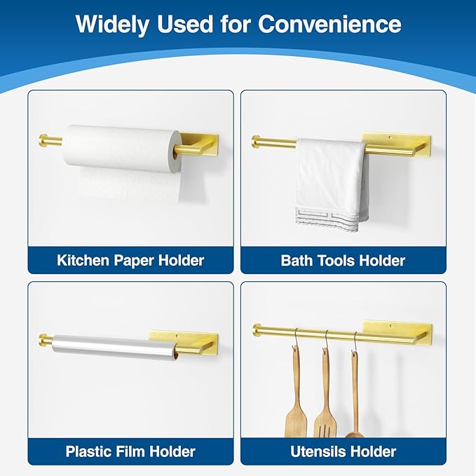 Paper Towel Holder Under Cabinet - Stainless Steel Paper Towel Holder Wall Mount, Self-Adhesive or Drilling, Matte Gold Towel Rack for Kitchen Organization and Storage, Kitchen Paper Roll Holder