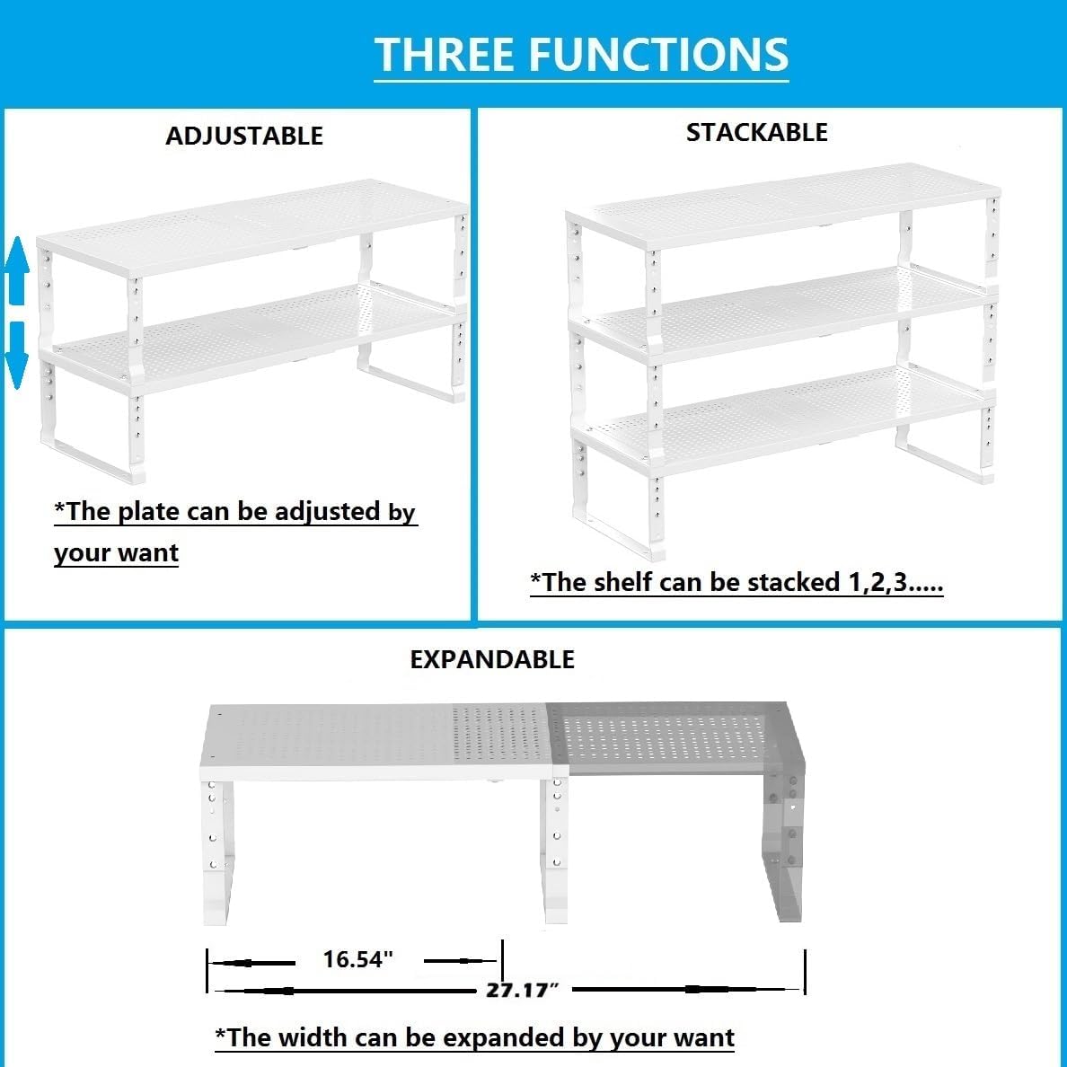 Expandable,Adjustable & Stackable Spice Rack, Cabinet Kitchen Countertop Shelf Organizer,Metal Pantry Storage Shelves - Space-Saving Storage Solution(1Pack/White/Large)