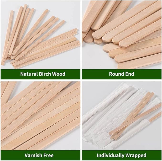 MFJUNS 500pcs Individually Wrapped Coffee Stirrers Wood - 7" Coffee Stir Sticks, Round End Disposable coffee stirrer, For Coffee, Cocktail and Hot Drinks