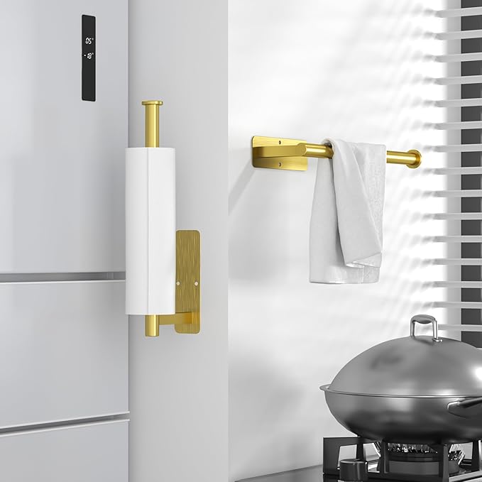 ASTOFLI Paper Towel Holder Under Cabinet No Drilling, Self Adhesive Paper Towel Holder Wall Mount for Kitchen Rack, Under Counter Napin Holder No Drill, RV, 304 Stainless Steel, Gold Brass 2 Pack