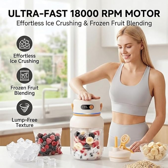 Portable Electric Juicer Cup with Zero Cord Hassle, USB-C Rechargeable Electric Blender with 18000 RPM Motor, Portable Wireless Juicer Cup for Home, Gym, Office and Outdoor (1200ml 2pcs)
