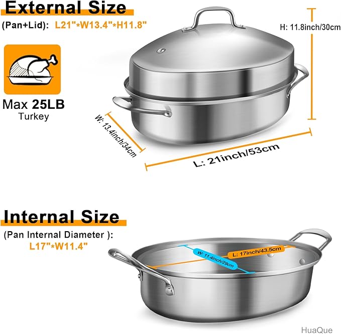 Large Roasting Pan with Rack and Lid, Gifts for mom women wife, Stainless Steel Large Oval Roaster, Nonstick Oven Cookware for Turkey Chicken, 21 Inch