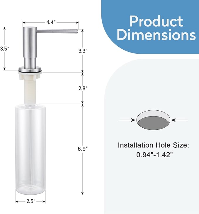 Kitchen Sink Soap Dispenser with 17 OZ Bottle and 40" Extension Tube Kit, Stainless Steel Built-in Soap Dispenser for Kitchen Sink or Countertop, in or Under Sink Installation, Brushed Nickel