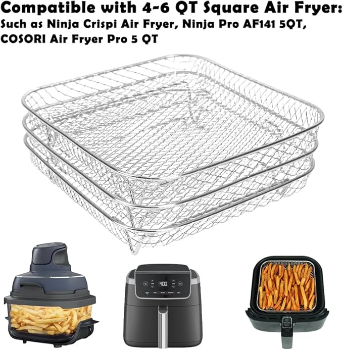 BYKITCHEN 7 Inch Air Fryer Rack Fit for Ninja Crispi/Ninja Pro 5QT/ Cosori 5QT/ Chefman 5-6QT Airfryer &More, Air Fryer Accessories, 3pcs Stackable Stainless Steel Airfryer Basket with Silicon Feet