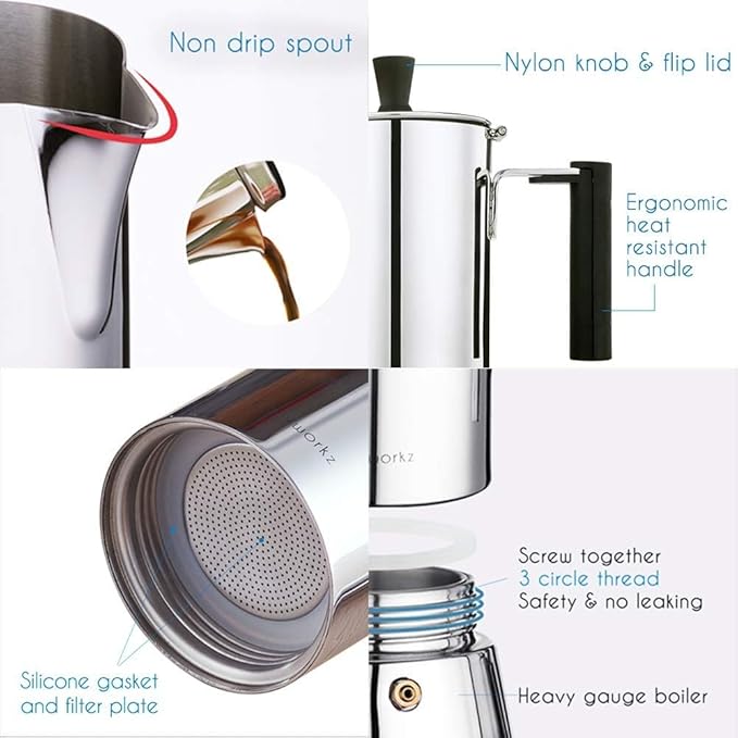 Easyworkz Pedro Stovetop Espresso Maker 6Cup 300ml Stainless Steel Italian Coffee Machine Maker Moka Pot Induction Espresso Pot