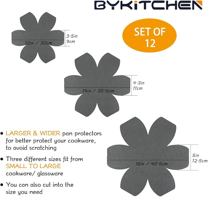 BYKITCHEN Larger & Thicker Pan Pot Protectors, Set of 12 and 3 Different Sizes, Felt Pan Separators, Gray Pot Dividers Protectors for Stacking and Protecting Your Cookware