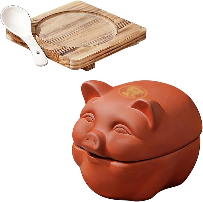 Ceramic Cooking with Lid small Heat Resistant Compatible Earthen Ceramic Cooking Pot Unglazed for Cooking, Rice Meat Soup Family Meals with Tray, spoon(15.5 * 12 * 12cm)
