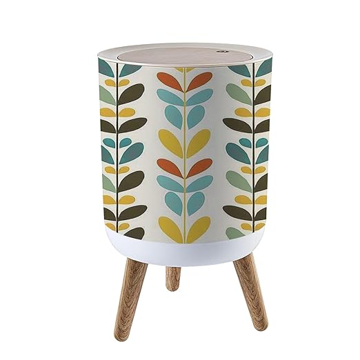 Trash Can with Lid Midcentury geometric retro Vintage brown mustard yellow teal colors Press Top Round Small Garbage Bin with Wooden Legs Waste Basket for Kitchen Bedroom Nursery 7L/1.8 Gallon