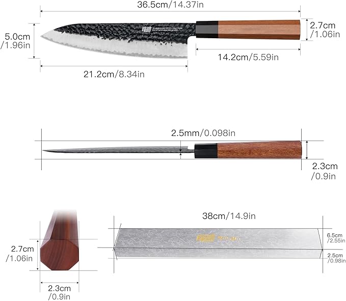 FINDKING Chef’s Knife 8 Inch, All Purpose Cooking Knife with High Carbon Steel Hammered Blade, Rosewood Octagonal Handle, for Meat, Fish, Fruits and Vegetables, Dynasty Series