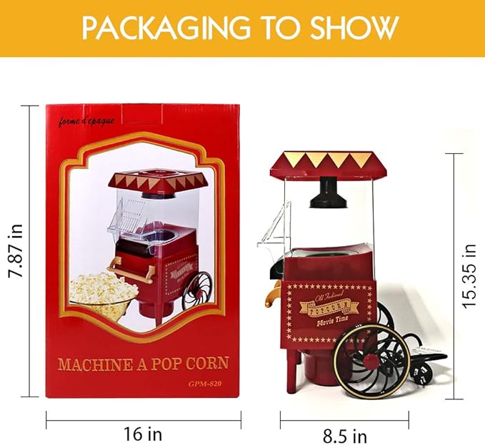 Hot Air Popcorn Machine, Popcorn Maker, 1200W Home Electric Popcorn Popper with Kernel Measuring Scoop, Healthy Oil-Free & BPA-Free for Home, Birthday Party, Movie Night or Christmas (Small)