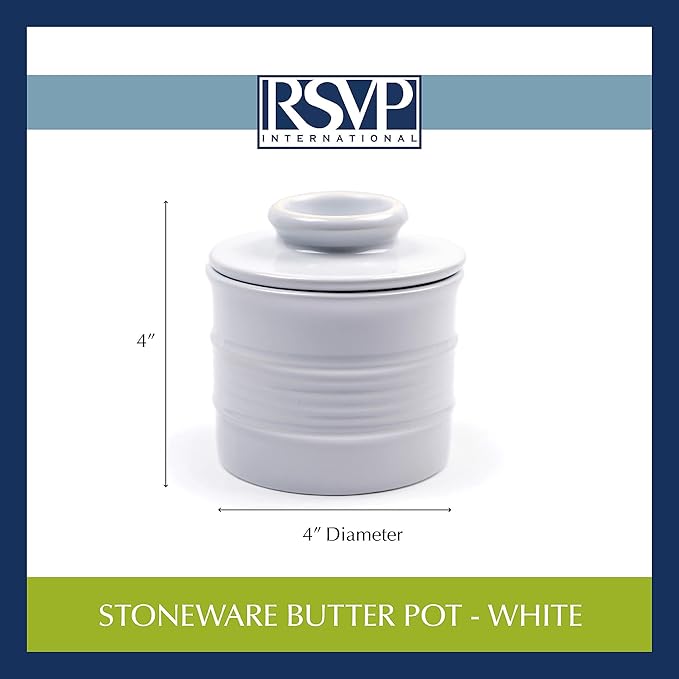 RSVP International Butter Pot 2 Piece, Dishwasher Safe, 3.5 x 3.5 x 4", White Stoneware
