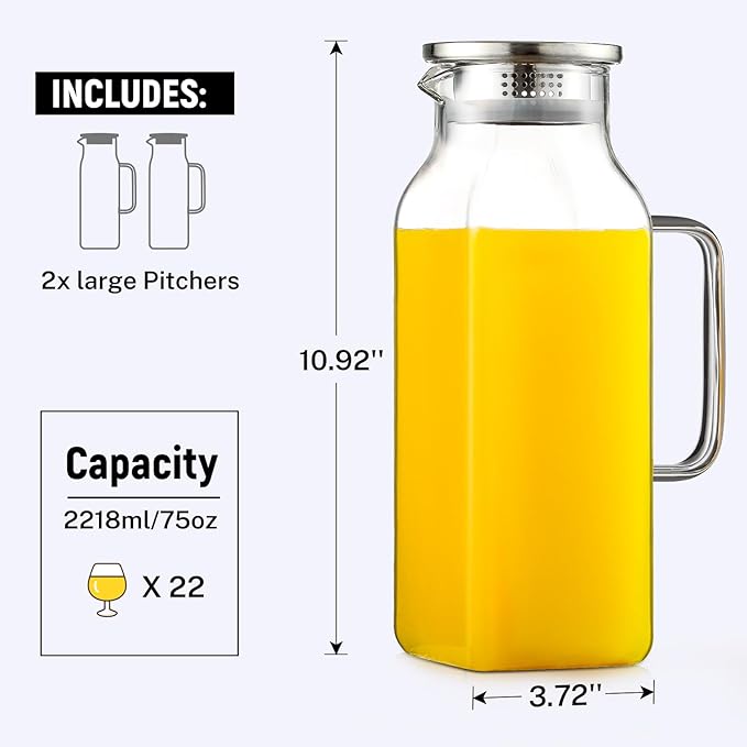 Netany 2 Pack 2.22 Liters/75 oz Square Glass Pitcher with Lid and Handle for Fridge, Iced Tea and Coffee Carafe Beverage Serveware, Heat Resistant Borosilicate Water Jug for Hot/Cold Drinks and Milk
