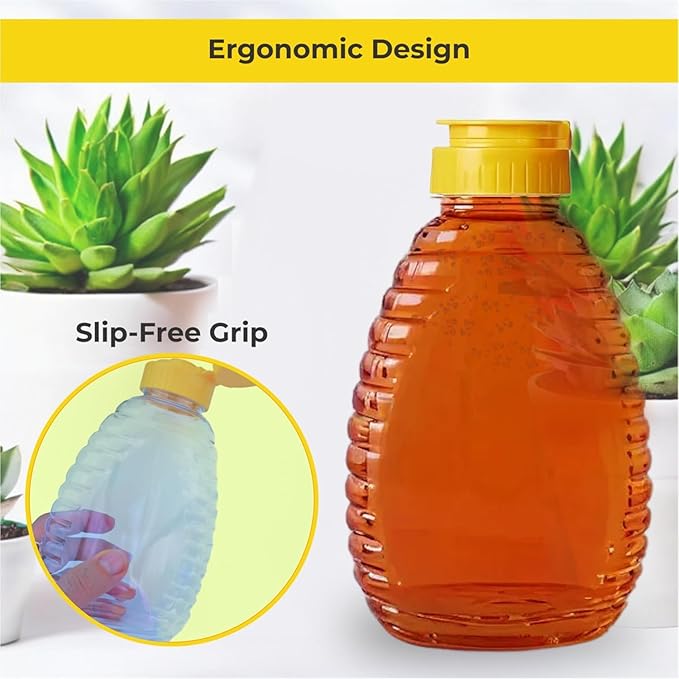 Skywin TidyFriend Honey Bottles 16 oz – 10 Pack Empty Honey Squeeze Bottle with Flip Lid & Seal, Clear Plastic Beehive Design, PET Containers