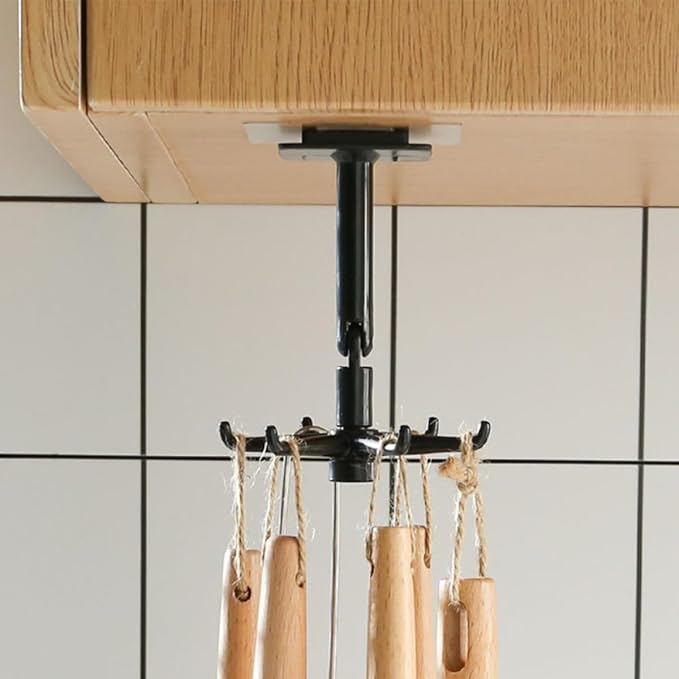 BESTOYARD 4pcs 360° Rotatable Kitchen Utensil Hooks, Under Cabinet Wall Hangers for Hanging Utensils and Masks, Black White, Space-Saving Storage for Home Kitchen Organization