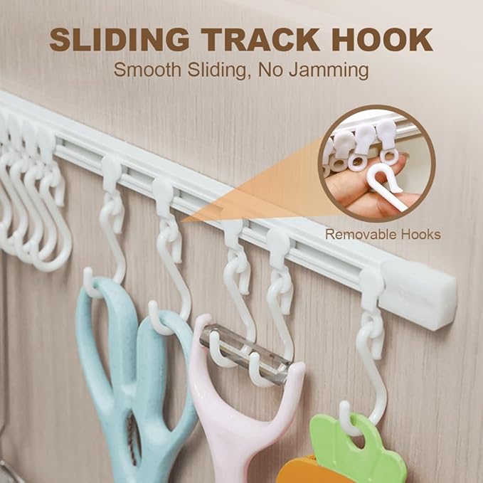 Multifunctional Slide Rail Hook,Kitchen Utensil Hanging Rack Wall Mounted Hanger,Space Saving Utensil Holder with 10 Hooks ,Sliding Track Hook No Drilling Hanger for Home Office (Length 30cm/1pcs)