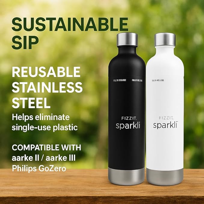 Fizzit Spärklï Carbonated Water Soda Maker in White with 2 Black Stainless Steel Bottles & 1 White Stainless Steel Bottle
