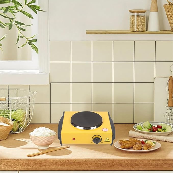 Countertop Burner - Compact and Portable Electric Hot Plate Stove, Temperature Controls, 1000/2000 Watts Coiled/Cast Single/Double Burner (Yellow, Cast Single)