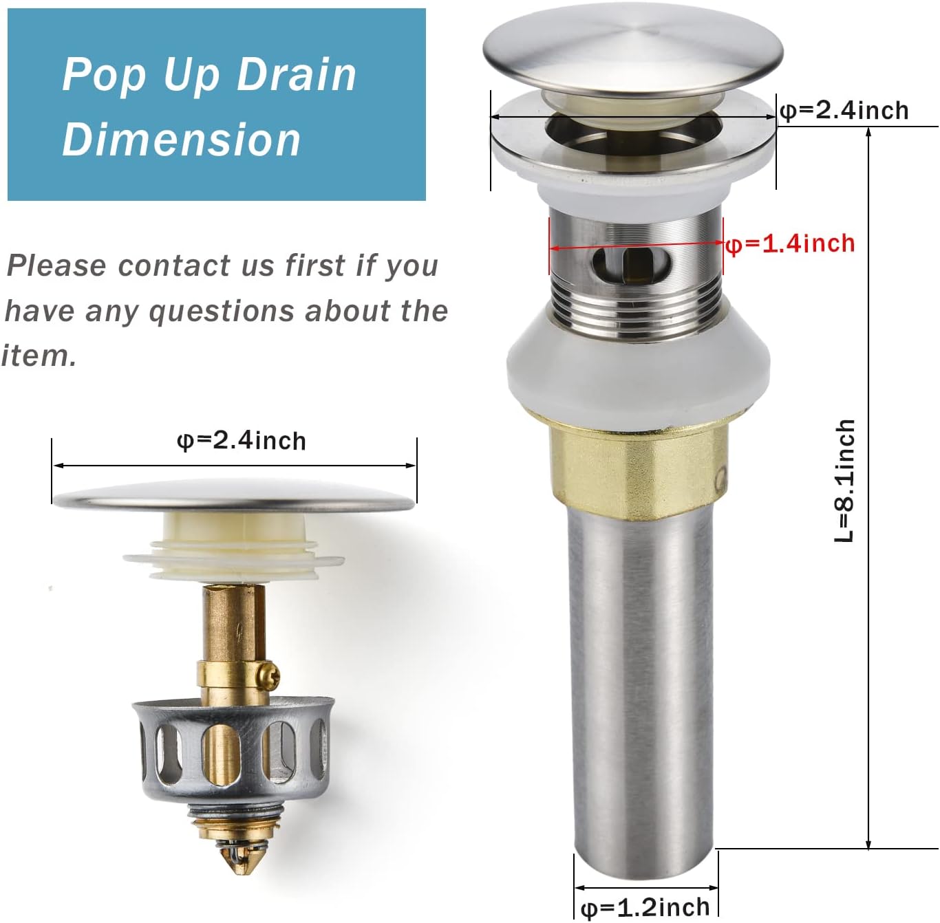 Bathroom Sink Drain,Drain Stopper Bathroom Sink with Overflow,Pop Up Drain Assembly with Detachable Strainer Basket,Built-in Anti-Clogging Strainer,Stainless Steel Brushed Nickel