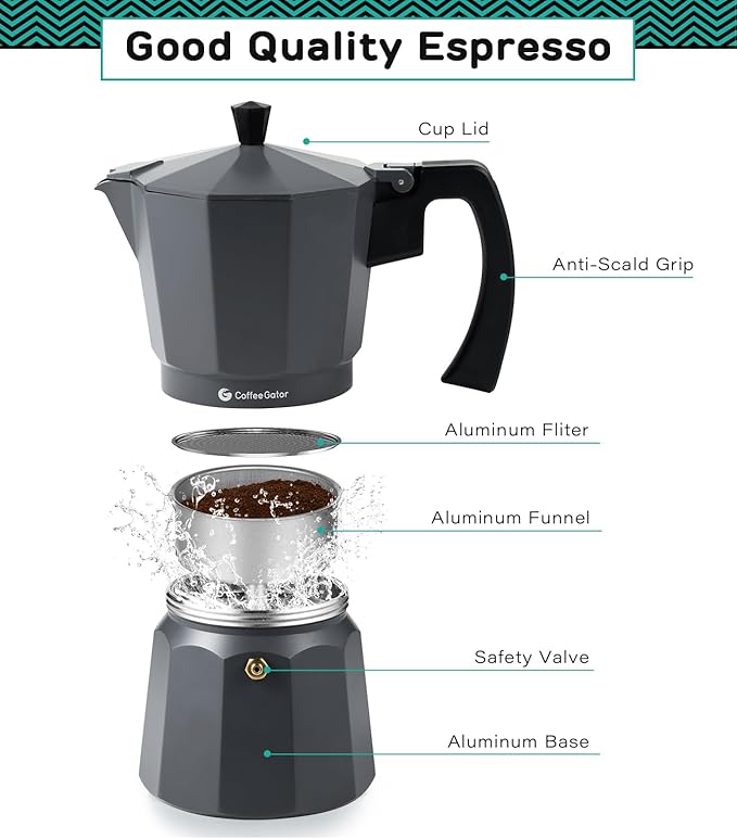 Coffee Gator Moka Pot - 6 Cup, 12oz Stovetop Espresso Maker - Classic Italian and Cuban Coffee Percolator w/ 2 Stainless-Steel Cups – Matte Grey Aluminum, 360ml