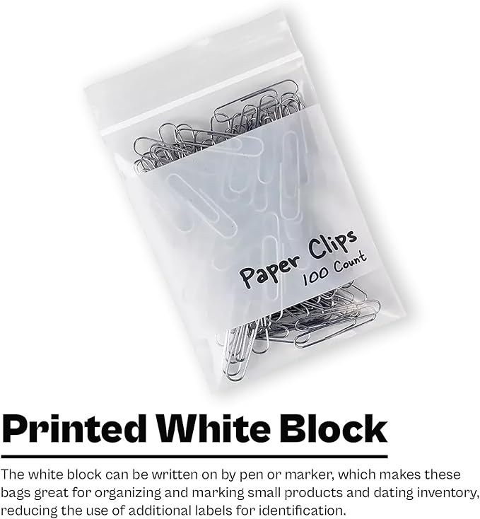 PSBM 1000 Count 4 Mil 4 Inch x 6 Inch, White Block Reclosable Poly Bags, With Write-On Block, Clear Zip Plastic Bag, Lock Seal Zipper For Packing, Storing, Organizing & Shipping Products