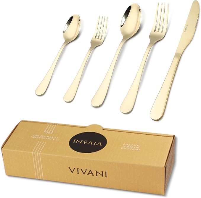 VIVANI 40 Piece Champagne Gold Silverware Set for 8, 18/0 Stainless Steel Flatware Set with Advanced PVD Coating, Dishwasher Safe Cutlery Set for Everyday Home Kitchen and Apartment