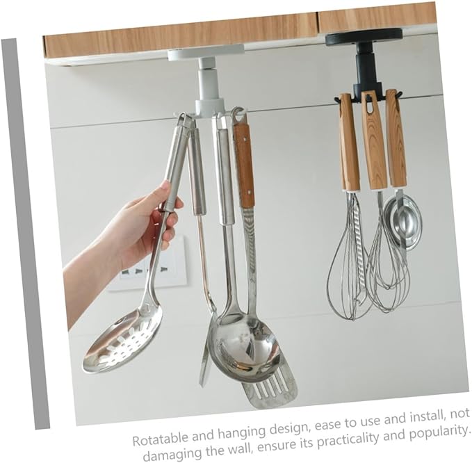 GLEAVI 3pcs Kitchen Utensil Organizer Hooks Rotating Adhesive Under Cabinet Hanger Rack for Cooking Tools and Measuring Spoons in Black