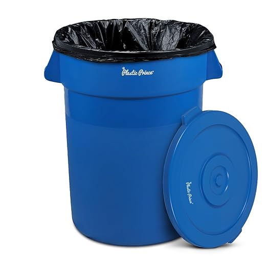 PLASTIC PRINCE 32 Gallon Round Trash Can Container with Lid Blue Plastic Commercial Garbage Bin for Home Garage Restaurants Warehouses