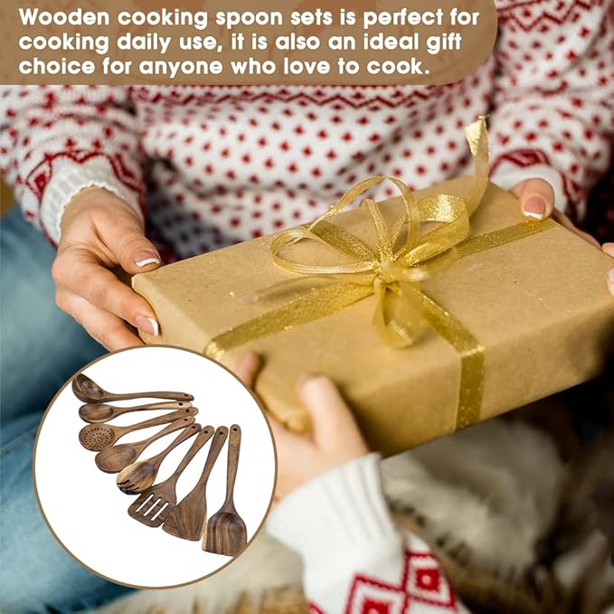 Premium 8-Piece Teak Wood Cooking Utensil Set - Heat Resistant, Lightweight & Sturdy Wooden Spoons for Non-Stick Cookware - Ideal for Cooking, Stirring & Serving