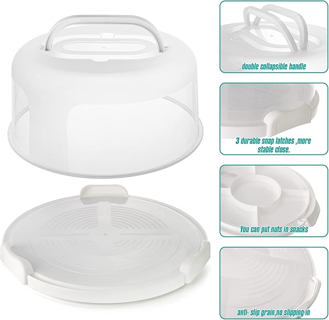 Zoofen Round Cake Carrier White Cake Stand 11 Inch Plastic Cake Container with Handle and Lid for Travel(White)