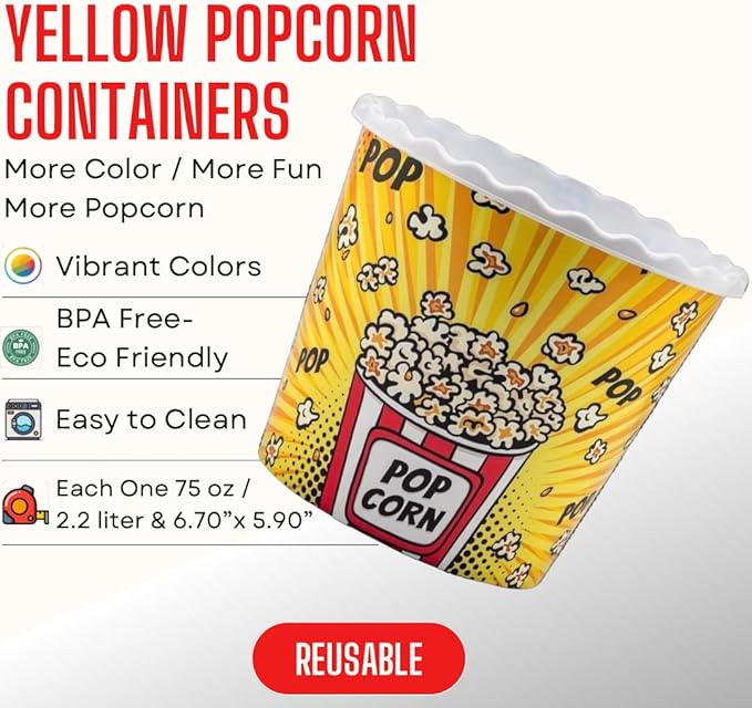 Modern Style Reusable Plastic Popcorn Box/Popcorn Containers/Popcorn Bowls Set for Movie Theater Night - (BPA Free - 6 Pack-75 oz) (6, YELLOW)