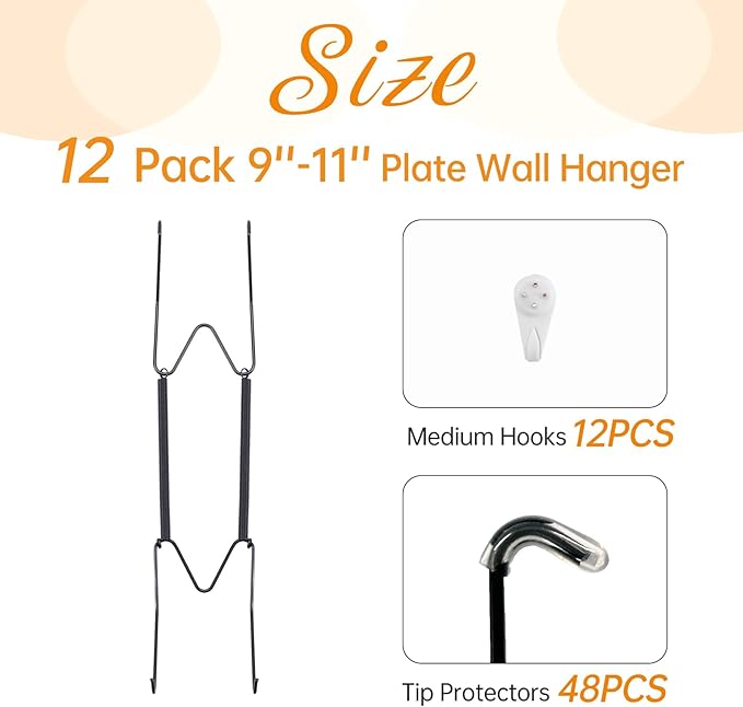 Bilillo 12 Pack Plate Hangers for The Wall, Suitable for 9-11 Inch Decorative Plate,Invisible Heavy Duty Wire Plate Holder with Wall Hooks, Plate Hangers for Displaying Plates, Platter, Dish (Black)