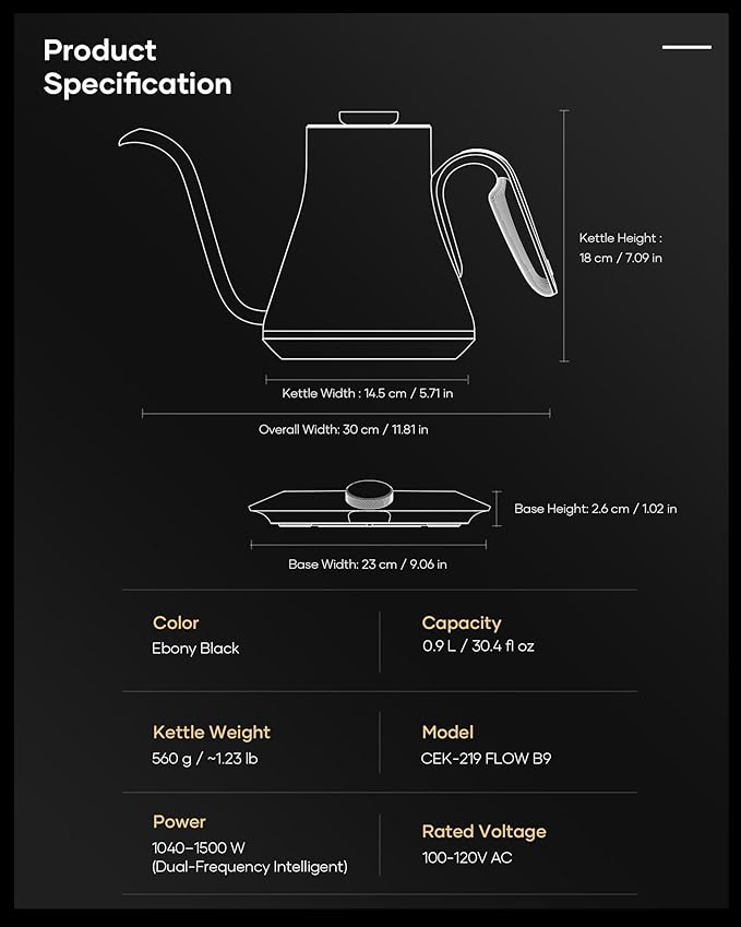 Cocinare Barista Collection Gooseneck Electric Kettle, ±1℉ Precise Temperature Control for Pour-Over Coffee & Tea, Quick Heating 1500W, Stainless Steel Interior, 0.9L (Goya Walnut)