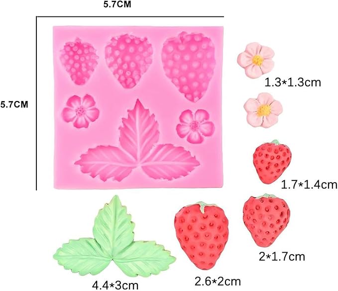 4 Pcs Strawberry Baking Mold Fruit Silicone Fondant Mold Strawberry Leaf Flower Chocolate Molds DIY Cupcake Molds for Candy Jelly Clay Ice Cream Soap Cake Topper Decoration