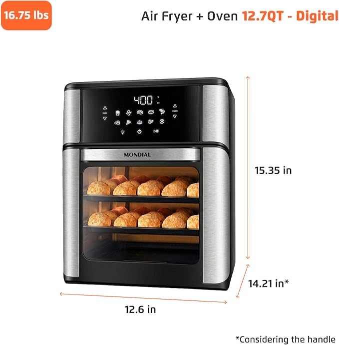 Air Fryer Oven 1800W, 12.7QT Capacity, Touchscreen Panel, Automatic Shut-Off, Toaster + Airfryer – Black & Stainless Steel – Mondial