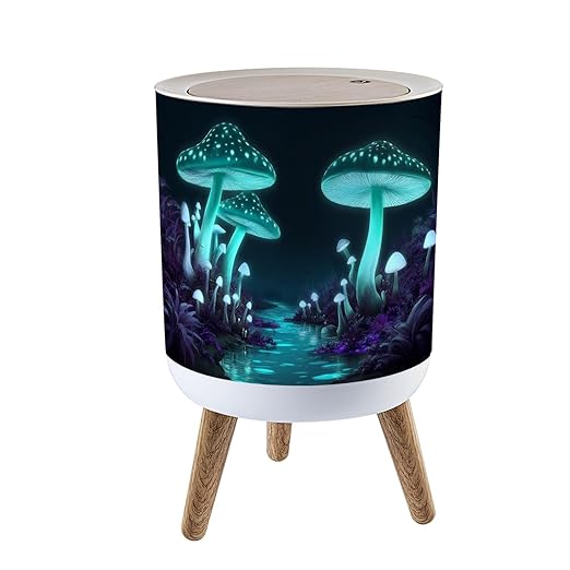 Trash Can with Lid Fantasy Dark Forest Green Glowing Mushrooms Press Top Round Small Garbage Bin with Wooden Legs Waste Basket for Kitchen Bedroom Nursery 7L/1.8 Gallon