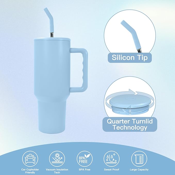 AGH 40 oz Sublimation Tumbler with Handle 4-Pack Stainless Steel Insulated Tumblers Blanks Water Bottle Travel Cups Matte Blue