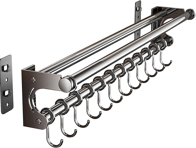 Hanging Wall Mount Knife Wall Mount,Kitchen Utensil Hanger,Space-Saving Kitchen Utensil Rack with Hooks,Kitchen Storage Shelf for Utensils Spatula Spoon, Easy to Clean (Grey, 40CM+8Hook)