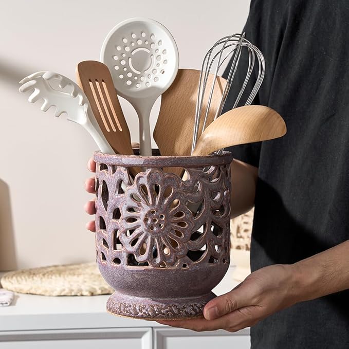 Farmhouse Kitchen Utensil Holder for Countertop, Ceramic Large Cooking Utensil Crock with Cork Mat, Decorative Rustic Utensil Holder for Kitchen Counter, Hollow Carving Flower, Purple