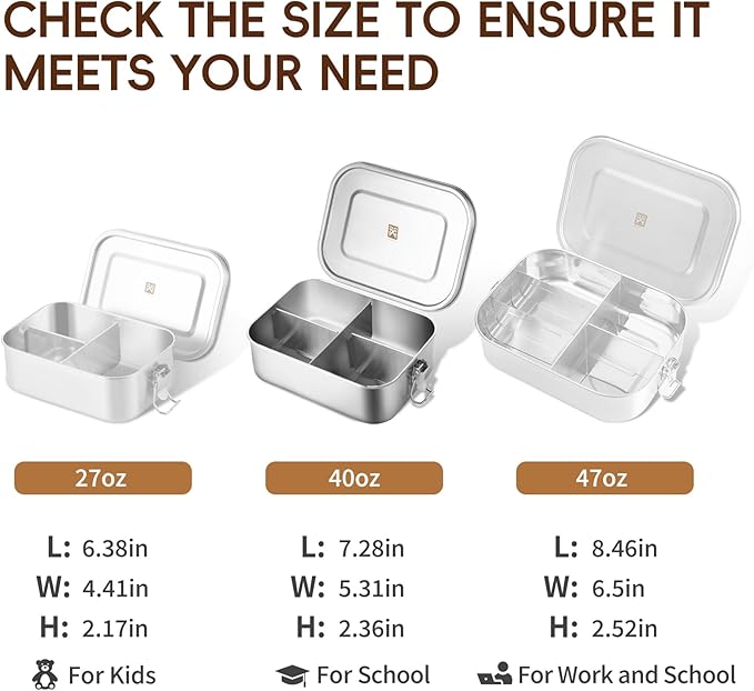 GOLDEN KEY Leak-Proof Lunch Box for Adults & Kids - 40oz Large Capacity Stainless Steel Bento, 1200ml Metal Container with Lockable Clips, BPA-Free, Dishwasher Safe for Work Travel School