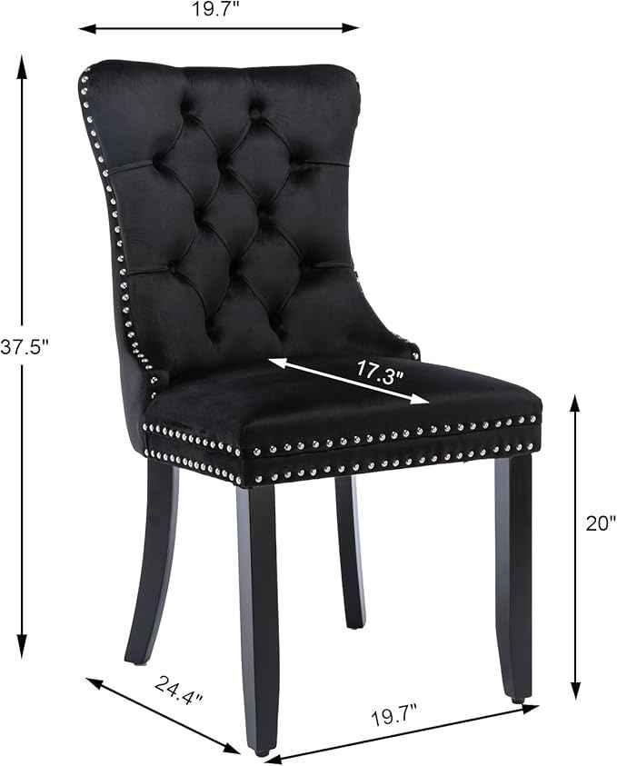 Black Dining Chairs Set of 2,Upholstered Velvet Dining Room Chairs with Back Ring Pull Trim and Solid Wood Legs,Modern Dining Chairs Perfect for Dining Room, Kitchen(Black)