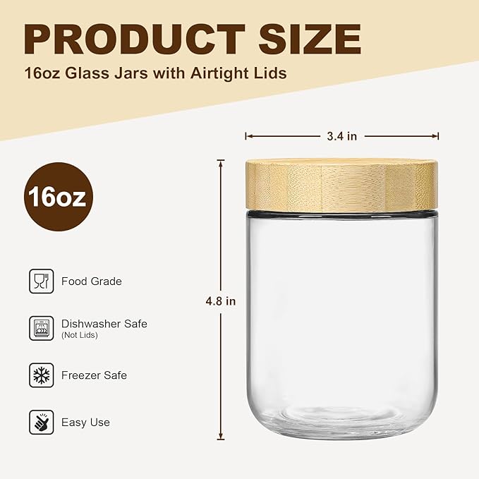 6 Pack 16oz Glass Jars with Bamboo Lids, Overnight Oats Containers with Airtight Lids, Storage Containers Wide Mouth Mason jars for Salad,Yogurt, Sugar, Snacks, Spices