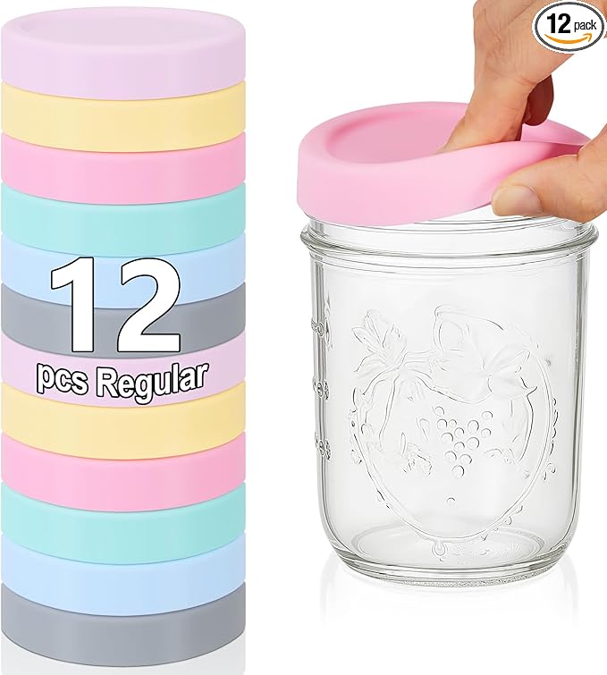 Teenyyou 12 Pcs Silicone Regular Mouth Lids Mason Jar Lids Thickened Leak Proof Lid for 70 mm All regular mouth Mason Jars, Reusable Large Canning Jar Caps (Macaron)